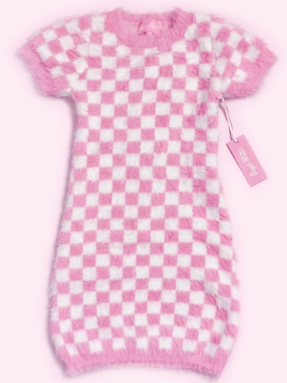 Pink & White Checkered Fuzzy Knit Dress